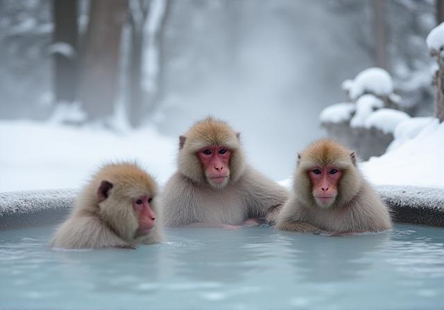 Snow monkeys in Hokkaido hot springs representing the Japanese track