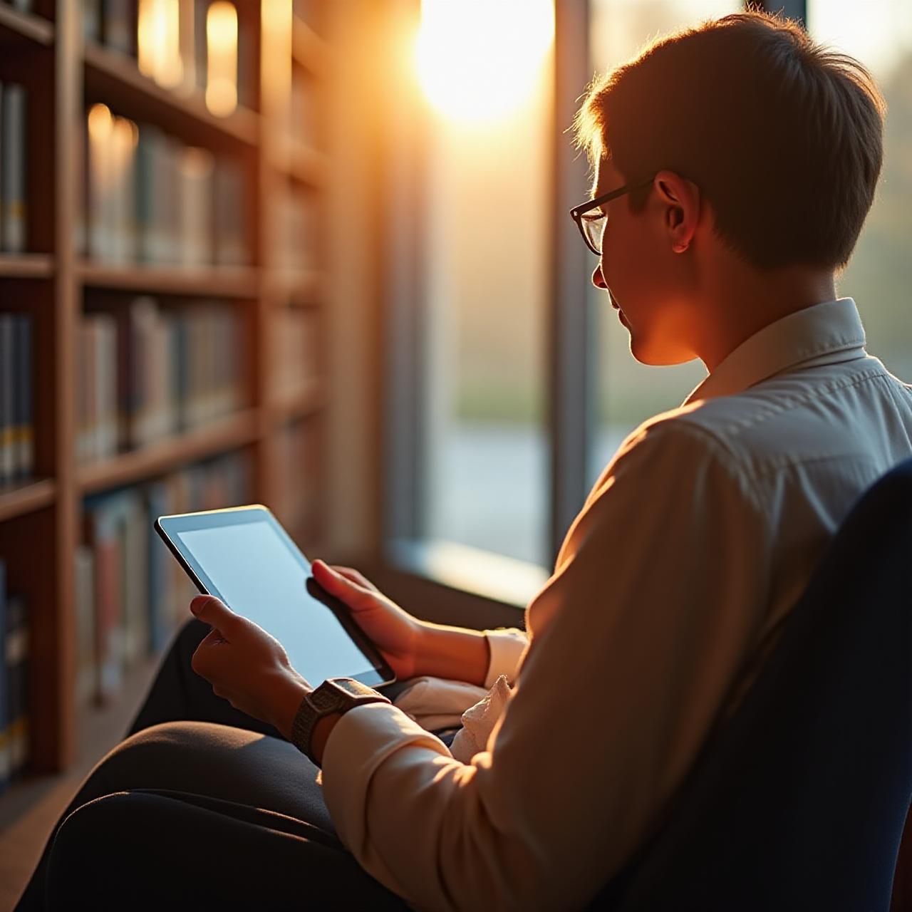 A student reading legal documents on a tablet in a sunlit library